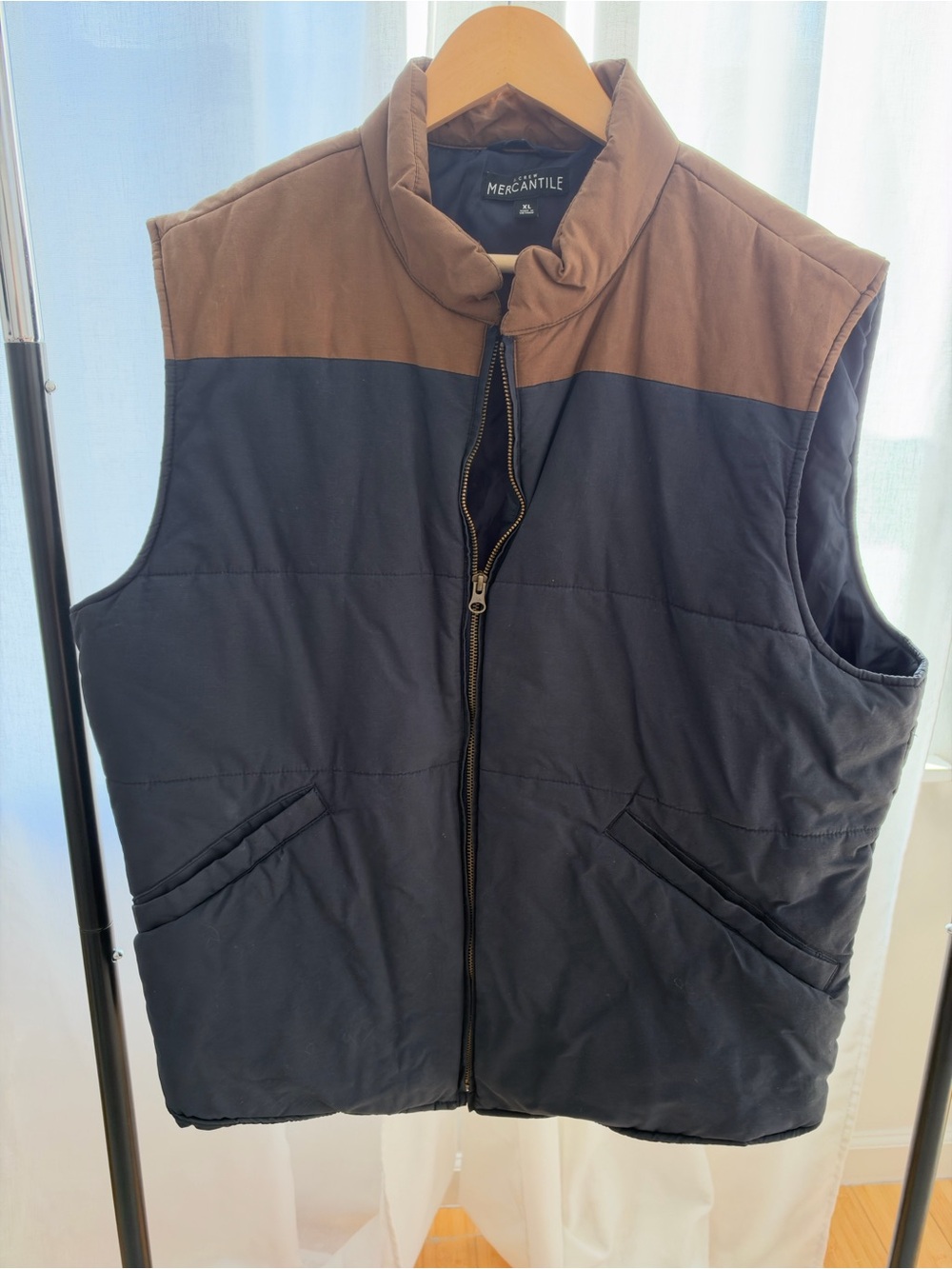 J. Crew Navy Quilted Vest with Brown Shoulder Yoke